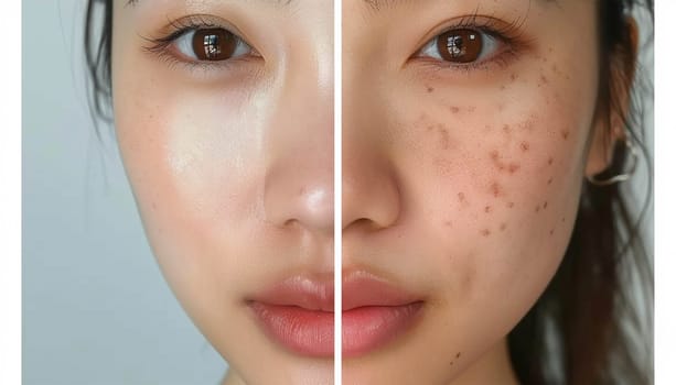 Beauty skin care young Asian half smooth skin. Skin of young woman before and after the cosmetics procedure, problem and smooth skin, concept of skincare Beauty product close up