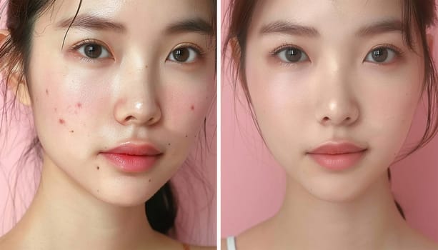 Beauty skin care young Asian half smooth skin. Skin of young woman before and after the cosmetics procedure, problem and smooth skin, concept of skincare Beauty product close up