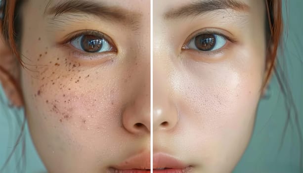 Beauty skin care young Asian half smooth skin. Skin of young woman before and after the cosmetics procedure, problem and smooth skin, concept of skincare Beauty product close up