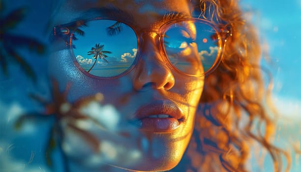 travel, vacation, summer holidays and happy people concept. Portrait of happy female in sunglasses with beach reflection. Tropical design neon effect. Beauty video Female