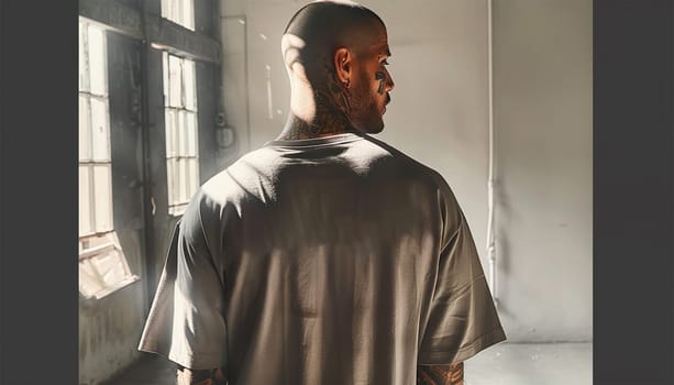 Inmate with tattoos in beige uniform in jail cell, Male prisoner serves imprisonment term for crime in prison. Detention center or correctional facility.