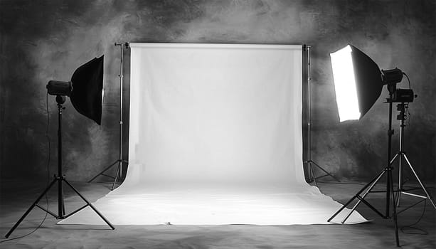 Commercial photo studio. Photo session studio. Photographer's workplace in commercial atelier agency. Sunny workspace interior with grey backdrop, backstage and lamp, umbrella, flashlight illumination equipment kit. No people