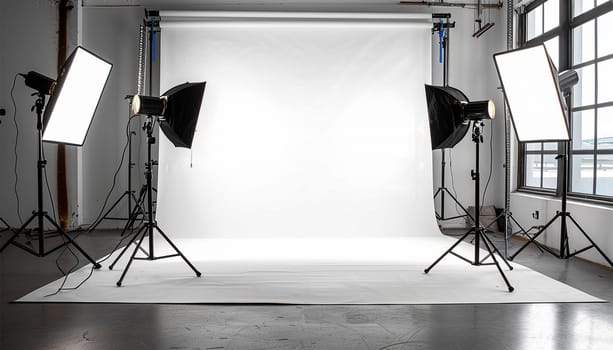 Commercial photo studio. Photo session studio. Photographer's workplace in commercial atelier agency. Sunny workspace interior with grey backdrop, backstage and lamp, umbrella, flashlight illumination equipment kit. No people