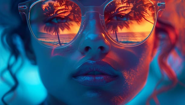 travel, vacation, summer holidays and happy people concept. Portrait of happy female in sunglasses with beach reflection. Tropical design neon effect. Beauty video Female