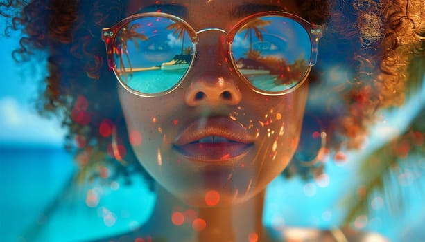 travel, vacation, summer holidays and happy people concept. Portrait of happy female in sunglasses with beach reflection. Tropical design neon effect. Beauty video Female