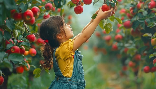 Adorable little girl picking an apple from a tree wearing a dungarees. Kids pick organic fruit. Kids healthy fruits at harvest fall. Outdoors fun for children cute