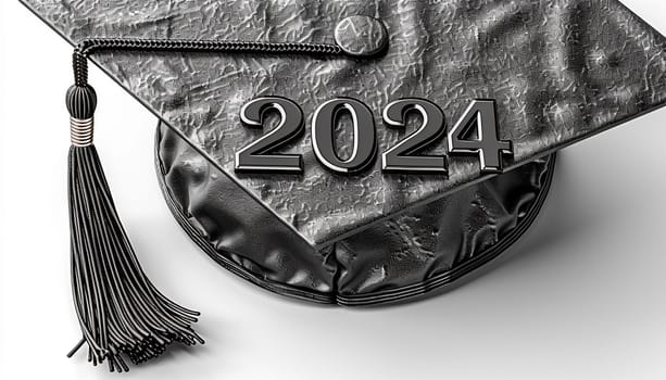 Class of 2024,. Congrats Graduation lettering with academic cap. Template for design party high school or college, graduate invitations. Graduation hat 2024 isolated in white background close up