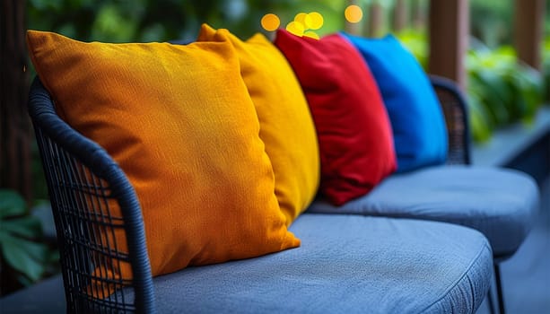 Colorful garden pillows cute, cozy furniture with colorful pillows at summer patio, lounge outdoor space. Summer design Close-up