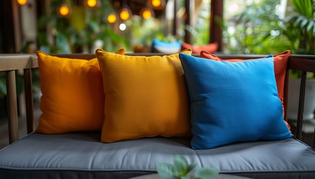 Colorful garden pillows cute, cozy furniture with colorful pillows at summer patio, lounge outdoor space. Summer design Close-up