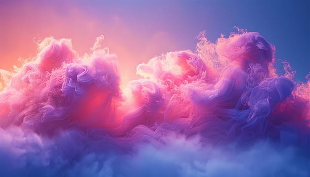 Ethereal background of formations of pink clouds and twinkling stars with copy space, colored sugar cotton fluffy clouds. Magic amazing colorful landscape in the sky. Fantasy unicorn colors moving in the wind. Copy space