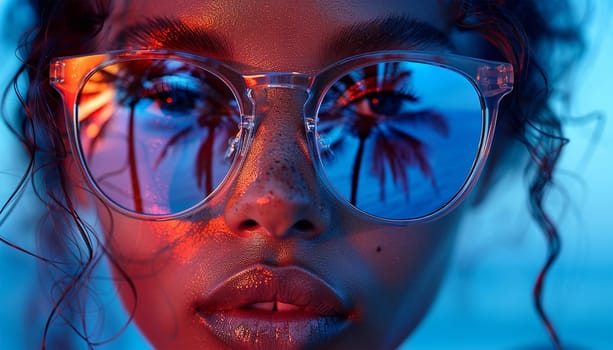 travel, vacation, summer holidays and happy people concept. Portrait of happy female in sunglasses with beach reflection. Tropical design neon effect. Beauty video Female