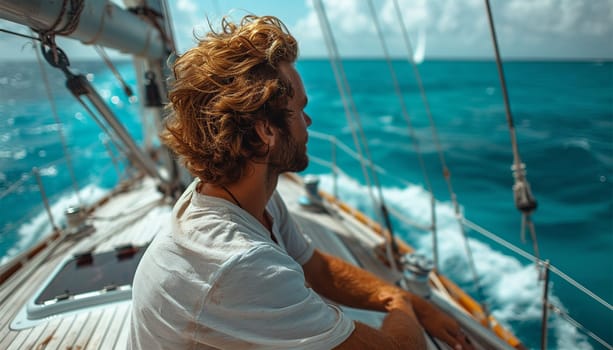 White yacht sailing in an open sea at sunset. A view from the deck to the bow, mast, sails. Epic cloudscape. Dramatic sky with glowing golden clouds after the storm. Racing, sport, leisure activity travel