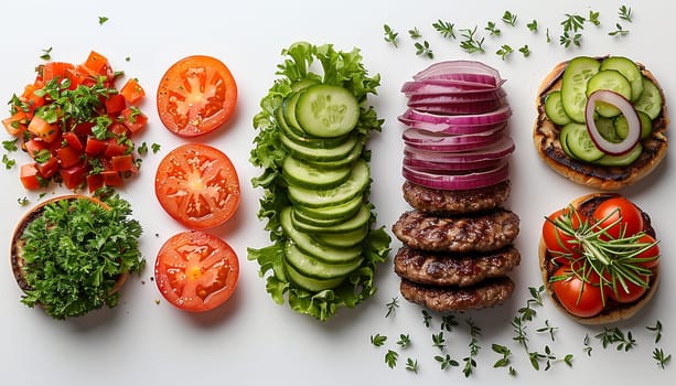 Burger and ingredients isolated on white background,cucumber,tomato and onion. Set of fast food. Meat and vegetables, Hamburger or Cheese burger Isolated on white. For restaurant, menu, street food, bakery, cafe, flyer top view