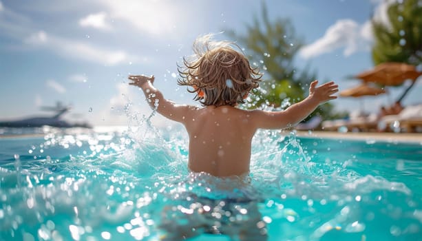 Happy child playing and splashing in pool. Young Boy Fun in the Swimming Pool in the summer. Summer Vacation Fun. Holiday