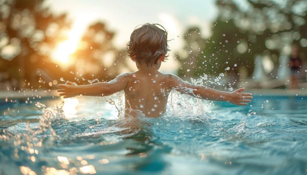 Happy child playing and splashing in pool. Young Boy Fun in the Swimming Pool in the summer. Summer Vacation Fun. Holiday