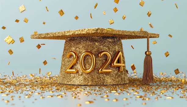 Class of 2024,. Congrats Graduation lettering with academic cap. Template for design party high school or college, graduate invitations. Graduation hat 2024 isolated in white background close up