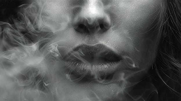 Sensual woman smoking a cigarette. Fashion art portrait of beauty model woman with smoke. Smoking girl, Close up of a female inhaling from an electronic cigarette. Night life concept. Black and white Sexy