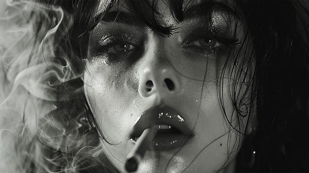 Sensual woman smoking a cigarette. Fashion art portrait of beauty model woman with smoke. Smoking girl, Close up of a female inhaling from an electronic cigarette. Night life concept. Black and white Sexy