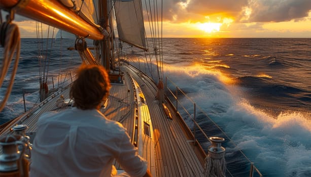 White yacht sailing in an open sea at sunset. A view from the deck to the bow, mast, sails. Epic cloudscape. Dramatic sky with glowing golden clouds after the storm. Racing, sport, leisure activity travel