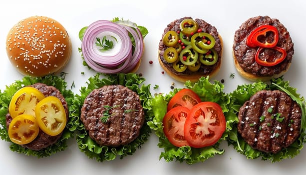 Burger and ingredients isolated on white background,cucumber,tomato and onion. Set of fast food. Meat and vegetables, Hamburger or Cheese burger Isolated on white. For restaurant, menu, street food, bakery, cafe, flyer top view