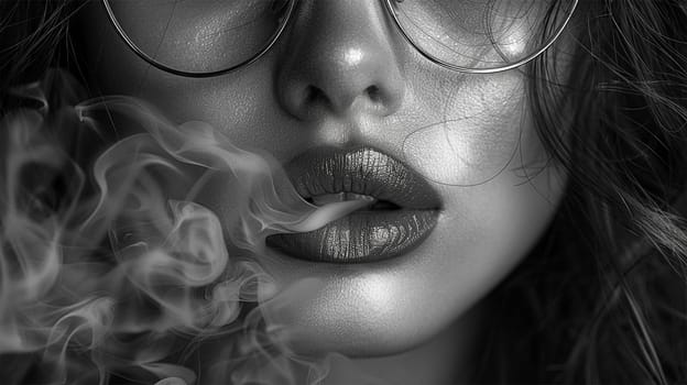Sensual woman smoking a cigarette. Fashion art portrait of beauty model woman with smoke. Smoking girl, Close up of a female inhaling from an electronic cigarette. Night life concept. Black and white Sexy
