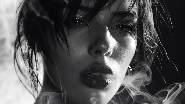 Sensual woman smoking a cigarette. Fashion art portrait of beauty model woman with smoke. Smoking girl, Close up of a female inhaling from an electronic cigarette. Night life concept. Black and white Sexy