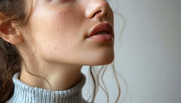 Female chin close up sideview. Beauty shot for spa salon. Close-up portrait beauty woman. Natural lip close up. Sexy and full lips. Clean skin