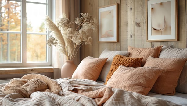 Cozy Pink Bedroom corner with soft natural colored fabric bed decorated by blanket, pillows and pink floor lamp with two-tone pink painted wall on the background/interior bedroom furniture concept . Stylish Pampas and painting on wall close up