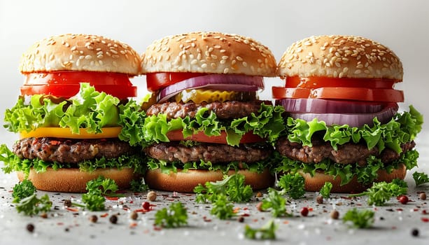 Burger and ingredients isolated on white background,cucumber,tomato and onion. Set of fast food. Meat and vegetables, Hamburger or Cheese burger Isolated on white. For restaurant, menu, street food, bakery, cafe, flyer top view