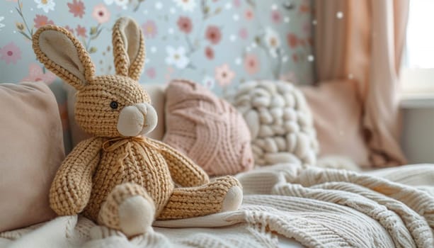 Minimalist cozy corner for kids. Scandinavian interior design of playroom with wooden cabinet, armchairs, a lot of plush and wooden toys. Stylish and cute child room decor. Cute toy bunny and bear pink