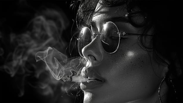 Sensual woman smoking a cigarette. Fashion art portrait of beauty model woman with smoke. Smoking girl, Close up of a female inhaling from an electronic cigarette. Night life concept. Black and white Sexy