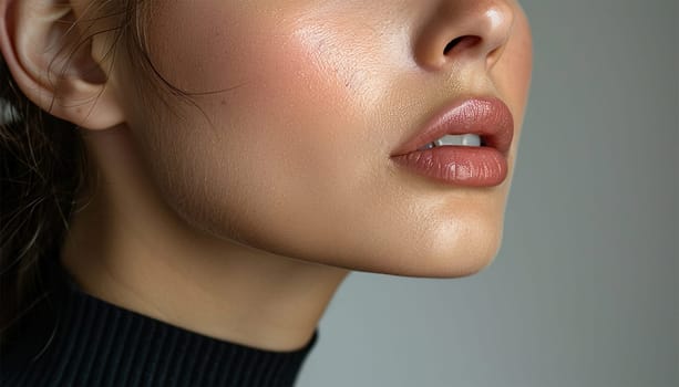 Female chin close up sideview. Beauty shot for spa salon. Close-up portrait beauty woman. Natural lip close up. Sexy and full lips. Clean skin