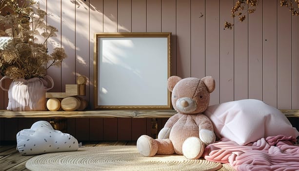 Minimalist cozy corner for kids. Scandinavian interior design of playroom with wooden cabinet, armchairs, a lot of plush and wooden toys. Stylish and cute child room decor. Cute toy bunny and bear pink