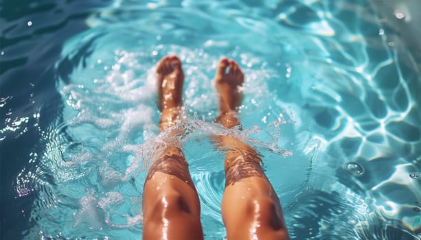 Middle aged woman's legs splashing feet in turquoise blue waters of swimming pool. Vacation at summer Holiday. Top view sunlight