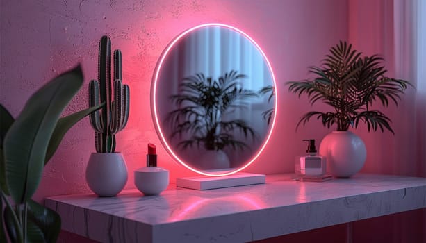 Glamour and pink makeup neon colors pink. Cosmetics and skin care products on white vanity table indoors. Luxury stylish cosmetics