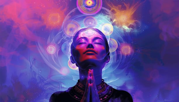 Beautiful woman sits in a pose of a half lotus on high place , she practicing yoga meditation glowing seven all chakra eyes closed calm. Kundalini energy. chakras glowing in galaxy 4k video meditation Chacra energy effect purple background. Blur color neon glow abstract background. Vibrant spectrum.