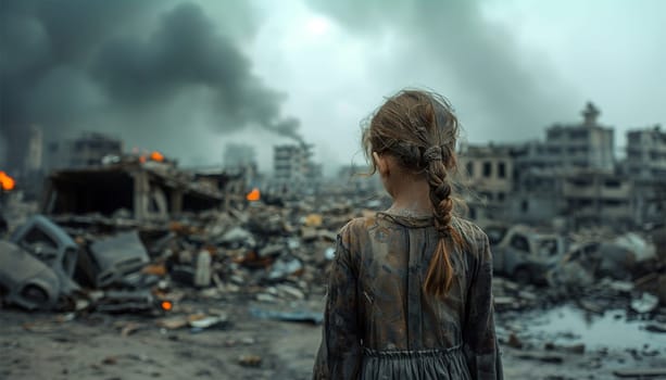 Destroyed city by war. Sad Child looking at his home back view,Fire burning and smoke moving. Kid looking at the destroyed world around them. Copy space