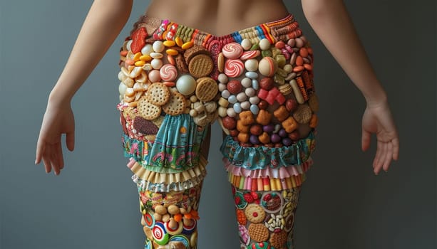 Obese female figure made of candy sweets. Portrait of happy fat plump woman anticipating eating sweets, holding bar of chocolate and jar of candies. Concept for sugar and fast food. Unhealthy eating Copy space