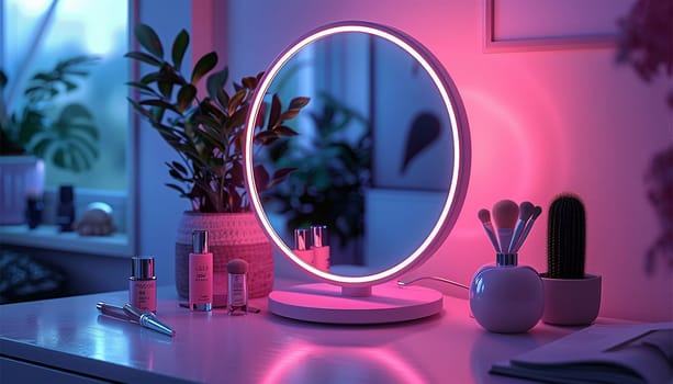 Glamour and pink makeup neon colors pink. Cosmetics and skin care products on white vanity table indoors. Luxury stylish cosmetics