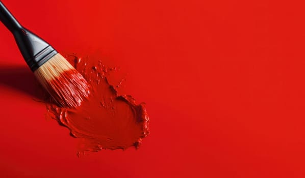 A bold stroke of glossy red paint applied with a wide brush on a vivid red background, emphasizing texture and color intensity.copy space