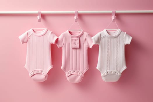 Three adorable baby onesies in soft pink and white hues hanging against a pink background, symbolizing newborn care and fashion.