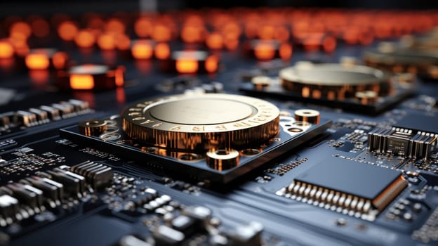 Detailed view of a microchip with intricate circuitry, showcasing modern semiconductor technology on a dark background.