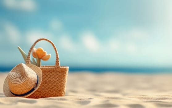 A straw hat and a woven basket with flowers placed on a sandy beach under a bright, sunny sky. Copy space available.vacation and travel concept