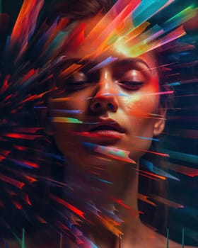 An artistic portrait of a woman with her eyes closed, surrounded by dynamic stripes of multi-colored light, conveying a sense of movement and creativity.