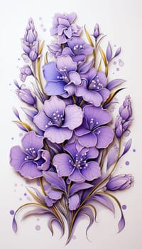 Artistic illustration of elegant purple flowers arranged in a delicate flowing pattern on a light background in a watercolor style.
