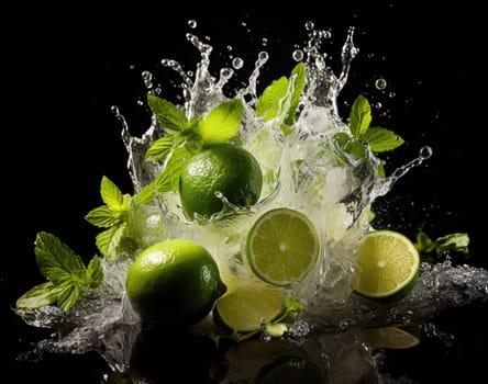 Dynamic image of limes and mint leaves amidst a refreshing splash of water, set against a dark background.