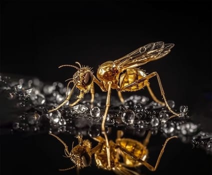 An extremely detailed macro shot of a decoration in the shape of a winged insect against a black background, highlighting the intricate patterns of its wings and body.