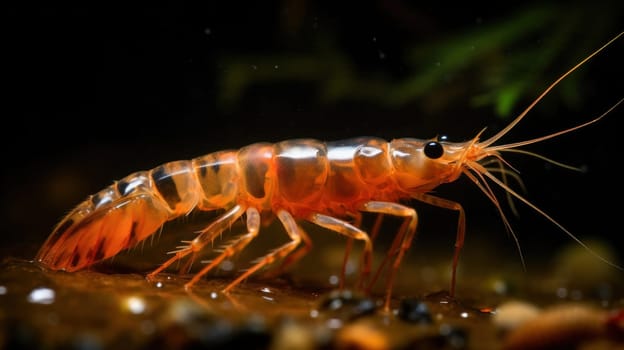 Close-up of a transparent shrimp moving gracefully over a bed of small stones in an aquarium, showcasing its detailed anatomy and clear exoskeleton.