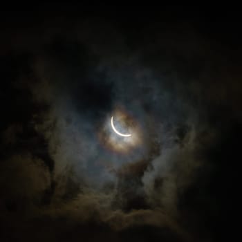Solar eclipse on April 8, 2024 as seen with partial cloud cover in Central Kentucky