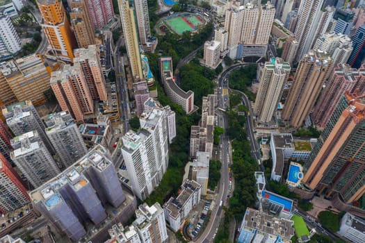Tin Hau, Hong Kong 01 June 2019: Top view of Hong Kong city